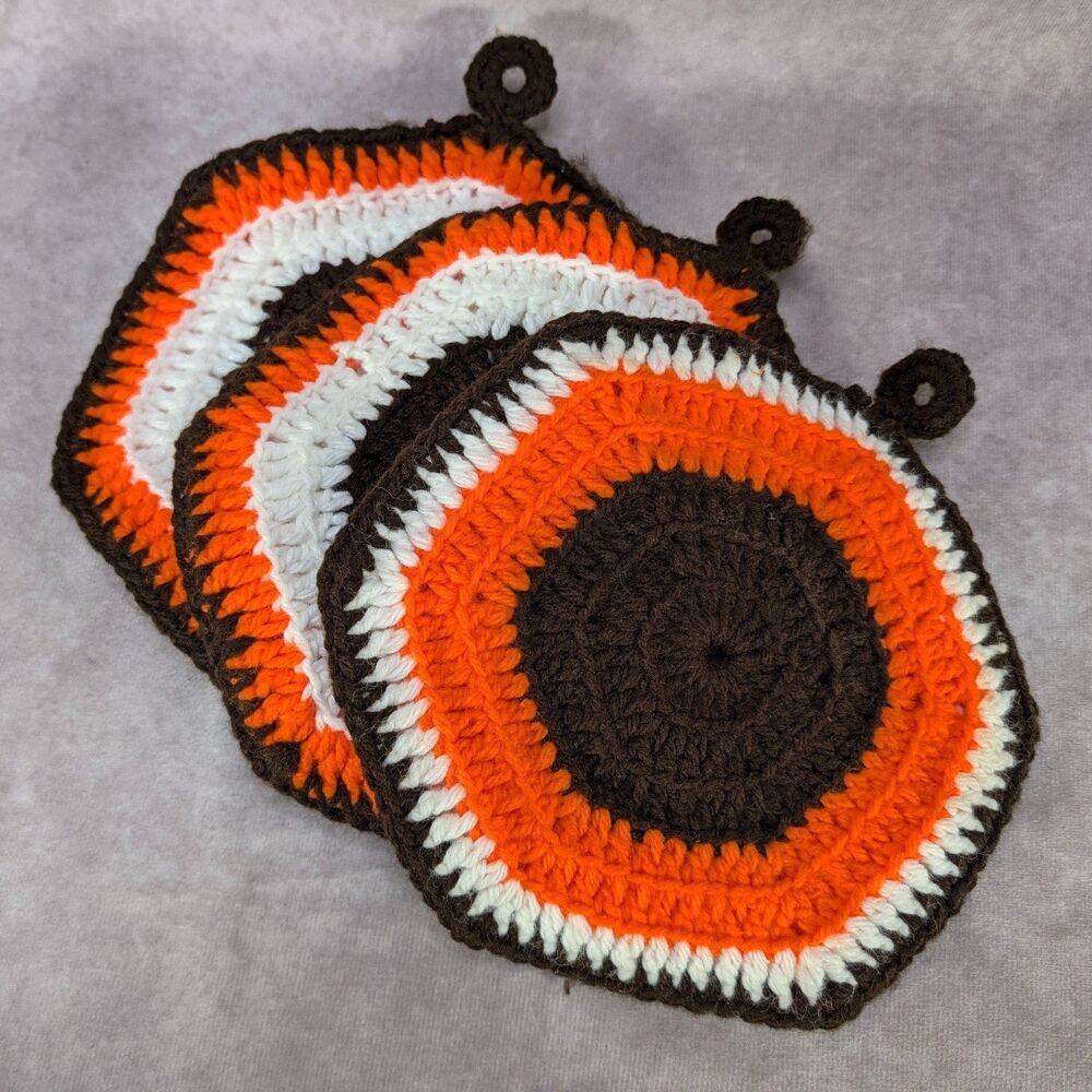 Vintage Handmade Crocheted Potholders Hexagon Orange White Brown Lot of 3
